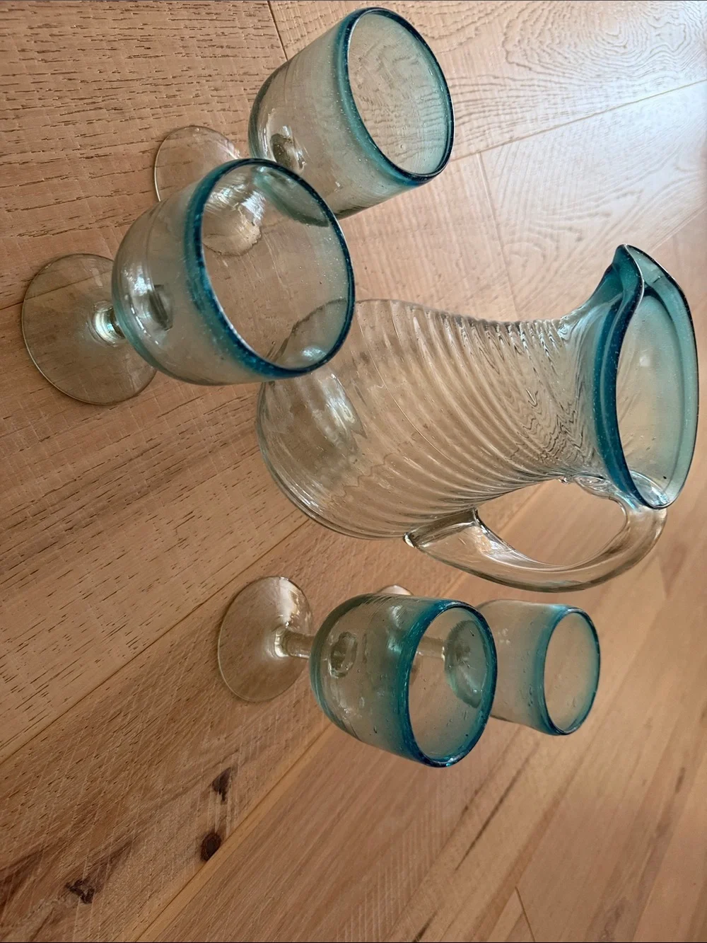 Clear Glass Pitcher and Goblet Set with Ocean Blue Rim - Home Dining
